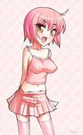  ahoge breasts cleavage copyright_request covered_nipples fang large_breasts midriff pink_hair solo source_request thighhighs yamanezumi_rokikku yellow_eyes 