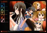  absurdres akiyama_mio bakutendou bangs black_hair blonde_hair blue_eyes blunt_bangs blush brown_eyes brown_hair drumsticks eyebrows fur-trimmed_kimono fur_trim guitar hair_ornament hairband hairclip highres hime_cut hirasawa_yui instrument japanese_clothes k-on! kimono kotobuki_tsumugi long_hair microphone multiple_girls music nakano_azusa open_mouth sandals short_hair short_kimono singing smile sweat tainaka_ritsu twintails 