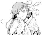  1girl chin_rest fate/extra fate/extra_ccc fate_(series) greyscale hair_ribbon juliet_sleeves long_hair long_sleeves looking_at_viewer meltlilith monochrome puffy_sleeves ribbon sleeves_past_fingers sleeves_past_wrists smile t-okada white_background 