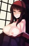  alternate_breast_size alternate_hairstyle bare_shoulders breasts cleavage highres japanese_clothes kohaku large_breasts melty_blood naughty_face pyon-kichi red_hair solo tsukihime undressing yellow_eyes 