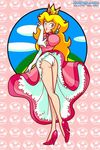  ass blonde_hair blue_eyes crown dress dress_lift highres jpeg_artifacts nintendo panties pantyshot pink_dress princess_peach smile solo super_mario super_mario_bros. super_princess_peach underwear watermark 