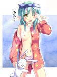  1girl aqua_hair blush bow bow_panties breasts bunny cowboy_shot elf flat_chest green_hair hair_bow hair_ornament hair_ribbon kuurunaitsu looking_at_viewer navel nipple_slip nipples no_bra no_pants off_shoulder one_eye_closed open_mouth open_shirt outside_border pajamas panties pixiv3663 pointy_ears ribbon shirt sleepy solo standing stuffed_toy tears thighs underwear wink 