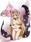  blonde_hair blush breasts cherry_blossoms elbow_gloves eyes gap gloves hat highres large_breasts long_hair md5_mismatch nipples nude pubic_hair pussy red_eyes ribbon solo touhou umbrella very_long_hair white_gloves yakumo_yukari zaxwu 