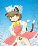  animal_ears bad_id bad_pixiv_id bloomers bloomers_on_head brown_hair cat_ears cat_tail censored chen emphasis_lines hands_on_hips highres kameyoh multiple_tails novelty_censor object_on_head short_hair solo tail touhou underwear 