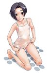  adjusting_clothes adjusting_swimsuit barefoot black_hair blush bob_cut brown_eyes feet flat_chest fukudahda hands kneeling kobayakawa_rinko legs long_legs love_plus one-piece_swimsuit see-through short_hair solo swimsuit wet white_swimsuit 