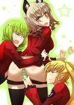  angry asmodeus bad_id bad_pixiv_id blonde_hair closed_eyes drill_hair fang green_hair heart incest isya leotard leviathan_(umineko) multiple_girls panties satan silver_hair smile stakes_of_purgatory striped striped_panties tears thighhighs umineko_no_naku_koro_ni underwear undressing yuri 