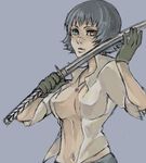  black_hair blue_eyes breasts capcom devil_may_cry devil_may_cry_3 gloves heterochromia jewelry katana lady lady_(devil_may_cry) lowres midriff navel necklace open_clothes open_shirt red_eyes scar shirt short_hair sword taro_(artist) weapon 