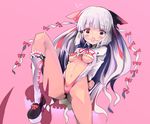  ball_gag bdsm blush bondage bound bow breasts caved ex-keine fujiwara_no_mokou gag gagged hair_bow hair_ribbon hiruma_andon horns kamishirasawa_keine leotard long_hair medium_breasts red_eyes ribbon shadow silver_hair solo tears touhou underboob 