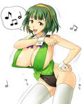  beamed_eighth_notes beamed_sixteenth_notes breasts cleavage covered_nipples eighth_note green_hair hairband half_note hand_on_hip headset huge_breasts idolmaster idolmaster_(classic) leotard music musical_note nipples onigawara_sharu otonashi_kotori red_eyes short_hair singing solo speech_bubble spoken_musical_note sweat thighhighs wrist_cuffs 