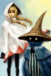  black_mage black_mage_(fft) blonde_hair female final_fantasy final_fantasy_tactics gloves glowing glowing_eyes hat hood long_hair ninetysix pantyhose robe white_mage white_mage_(fft) witch_hat yellow_eyes 