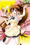  :d apron armpits blush bottle brown_eyes brown_hair dual_wielding food holding long_hair open_mouth parfait ponytail smile solo taneshima_popura tray urabi_(tomatohouse) waitress working!! 