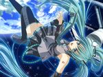  akatsuki_(spacecraft) aqua_eyes aqua_hair ashi_yume detached_sleeves earth hatsune_miku long_hair necktie skirt smile solo space space_craft sparkle thighhighs twintails very_long_hair vocaloid zettai_ryouiki 