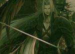  bad_id bad_pixiv_id black_wings final_fantasy final_fantasy_vii left-handed long_hair male_focus sephiroth single_wing smile solo sword very_long_hair weapon white_hair wings yutono 