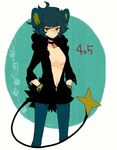  animal_ears bad_id bad_pixiv_id blue_hair breasts brown_eyes costume gen_4_pokemon hands_in_pockets l_hakase luxray medium_breasts open_clothes open_shirt pantyhose personification pokemon shirt short_hair solo tail 