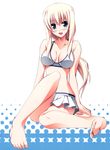  :d absurdres barefoot bikini bikini_skirt blonde_hair blue_eyes blush breasts breasts_apart copyright_request feet halftone halftone_background highres long_hair medium_breasts open_mouth ponytail simple_background sitting smile solo swimsuit toes yuuki_makoto_(radiant) 