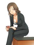  a1 absurdres breasts brown_eyes brown_hair business_suit character_request cleavage cup formal highres initial-g legs_crossed long_hair looking_at_viewer simple_background sitting solo source_request suit 