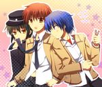  angel_beats! arm_holding blue_hair brown_eyes brown_hair clothes_pin green_hair hat hinata_(angel_beats!) male_focus multiple_boys naoi_ayato necktie necktie_grab neckwear_grab otonashi_(angel_beats!) pokopi purple_eyes school_uniform yellow_eyes 