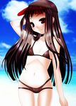  ar_tonelico ar_tonelico_ii bikini black_hair flat_chest inumori_sayaka jakuri long_hair red_eyes solo swimsuit visor_cap 