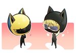  1girl animal_helmet black_bodysuit bodysuit celty_sturluson chibi durarara!! glasses heiwajima_shizuo helmet kari_(cocktail_box) sunglasses tuxedo 