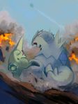  attack bad_id bad_pixiv_id battle dodging father_and_son fighting_stance gen_2_pokemon highres larvitar no_humans pokemon pokemon_(creature) pupitar training tyranitar yorozuyo 