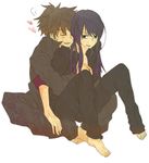  artist_request black_eyes black_hair hug hug_from_behind long_hair male_focus multiple_boys open_clothes open_shirt ponytail raven_(tales) shirt smile tales_of_(series) tales_of_vesperia white_background yuri_lowell 