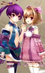  :d ar_tonelico ar_tonelico_iii bad_id bad_pixiv_id bow braid finnel hair_ornament highres holding_hands lace lace-trimmed_thighhighs mismatched_legwear momoko_(momopoco) multiple_girls navel open_mouth purple_eyes purple_hair ribbon saki_(ar_tonelico) smile thighhighs twintails 