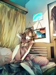  bad_id bad_pixiv_id barefoot bed brown_eyes brown_hair copyright_request highres long_hair one_eye_closed open_mouth solo tears tsukioka_tsukiho waking_up 