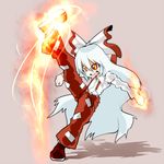  &gt;:) :d bow chibi fire fujiwara_no_mokou hair_bow kicking leg_lift long_hair open_mouth outstretched_leg red_eyes shigurio silver_hair smile solo suspenders touhou v-shaped_eyebrows very_long_hair 