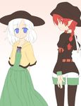  alternate_costume arm_behind_back arms_behind_back bad_id bad_pixiv_id bag belt blue_eyes braid casual contemporary flat_color from_behind gumoyu hat kaenbyou_rin komeiji_koishi looking_back multiple_girls pantyhose pointy_ears red_eyes red_hair ribbon touhou white_hair 