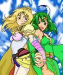  2girls blonde_hair blue_eyes bridal_gauntlets cape detached_sleeves female final_fantasy final_fantasy_iv green_hair hand_holding hnsyana holding_hands leotard long_hair lowres multiple_girls nail_polish open_mouth pantyhose rosa_farrell rydia shoulder_pads tiara 