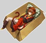  animal_ears box brown_hair cardboard_box gloves goggles goggles_on_head green_eyes grey_background in_box in_container lying rita_mordio solo tail tales_of_(series) tales_of_vesperia thighhighs waniwani 