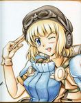  armor beret blonde_hair blue_eyes cecilia_glinda_miles gloves goggles goggles_on_head hat headphones marker_(medium) masana_hatuse mecha_musume one_eye_closed open_mouth shikishi solo traditional_media uniform world_witches_series 