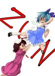  animal_ears blue_eyes blue_hair bow brown_hair bunny_ears choir_(artist) cirno flying_kick hair_bow inaba_tewi kanchou kicking mary_janes multiple_girls red_eyes shoes short_hair touhou wings 