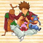  croagunk gen_2_pokemon gen_4_pokemon happiny knitting knitting_needle kojijima laughing lowres needle pokemon pokemon_(anime) pokemon_(creature) pokemon_dp_(anime) scarf shared_scarf sitting sudowoodo takeshi_(pokemon) yarn yarn_ball 