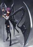  axe bow purple_hair thigh-highs thighhighs weapon wings 