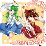  animal_ears armpits bow brown_eyes brown_hair cat_ears detached_sleeves frog green_eyes green_hair hair_ornament hakurei_reimu impossible_clothes impossible_shirt kemonomimi_mode kochiya_sanae long_hair multiple_girls navel ofuda okitakung shirt smile snake touhou 