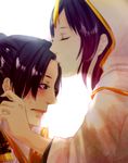  1boy 1girl aya_gozen black_hair blush brown_eyes eyes_closed female forehead_kiss hood kiss long_hair male naoe_kanetsugu poayuki robe sengoku_musou sengoku_musou_3 short_hair 