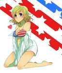  america america_(hetalia) axis_powers_hetalia bikini_top blonde_hair blue_eyes breasts cleavage genderswap genderswap_(mtf) highres kisaragi_n kneeling large_breasts open_clothes open_shirt shirt shirt_pull short_hair solo 