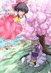  against_tree bad_id bad_pixiv_id black_hair blonde_hair bow chen chen_(cat) cherry_blossoms detached_sleeves flying from_above hair_bow hakurei_reimu lap_pillow large_bow mary_janes multiple_girls multiple_tails oukawa_yuu petals red_eyes shoes shore sleeping tail touhou tree yakumo_yukari 