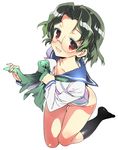  bad_id bad_pixiv_id bottomless glasses green_hair highres kasuga_souichi kiyosumi_school_uniform no_panties red_eyes saki school_uniform serafuku short_hair solo someya_mako 