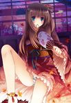  blue_eyes bow brown_hair fan hair_bow japanese_clothes kimono long_hair mouth_hold original panties paper_fan rie_(reverie) solo striped striped_panties uchiwa underwear 