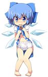  barefoot blue_eyes blue_hair child cirno diaper dress dress_lift fairy hair_ribbon knees_together_feet_apart knees_touching lifted_by_self mamo_williams midriff navel pigeon-toed ribbon solo touhou wavy_mouth wings 