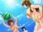  arms_up bad_id bad_pixiv_id ball beachball bikini black_hair blue_eyes blush breasts brown_eyes brown_hair cloud day huge_breasts large_breasts menosuke multiple_girls original outdoors red_hair sky slingshot_swimsuit smile swimsuit underboob water watermelon_beachball wet 