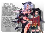  bat_wings belt black_hair bodypaint bokken bow breasts character_profile cleavage demon demon_girl elbow_gloves gloves hair_over_one_eye horns isami_enishi kenkou_cross large_breasts licking licking_weapon monster_girl monster_girl_encyclopedia multiple_girls official_art original pointy_ears ponytail red_eyes school_uniform skirt succubus sword tail thighhighs translated uniform weapon white_hair wings wooden_sword zettai_ryouiki 