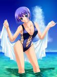  artist_request blue_eyes breasts cleavage copyright_request large_breasts non-web_source purple_hair sarong sarong_removed short_hair slingshot_swimsuit solo source_request swimsuit wading water wet white_sarong 