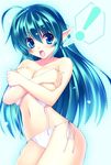  1girl bare_shoulders bikini blue_eyes blue_hair breast_hold breasts copyright_request covering elf pointy_ears side-tie_bikini solo swimsuit takeda_aranobu wardrobe_malfunction 