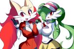  2019 3_fingers 5_fingers anthro anthrofied big_breasts braixen breasts canid canine cleavage clothed clothing digital_media_(artwork) duo female fur gardevoir green_hair grin hair hair_over_eye hi_res long_hair lucyfercomic mammal may_(pok&eacute;mon) nintendo nipple_outline pok&eacute;mon pok&eacute;mon_(species) red_hair rosa_(pok&eacute;mon) smile standing v_sign video_games white_fur yellow_fur 