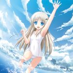  armpits barefoot blue_eyes cameltoe cloud day dinyc dutch_angle hair_ornament hand_up little_busters! long_hair lowres noumi_kudryavka one-piece_swimsuit running school_swimsuit silver_hair sky solo splashing swimsuit wading water waving white_school_swimsuit white_swimsuit 
