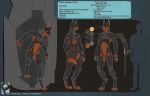  4_toes abs anthro black_skin blade brown_skin bruno_(proxer) canid canine canis cybernetics cyborg doberman domestic_dog english_text featureless_crotch machine male mammal model_sheet multiple_poses paws pecs pose proxer robot standing text toes weapon yellow_eyes yellow_sclera 