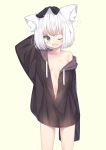  1girl absurdres animal_ears bare_legs black_hoodie blue_eyes bow breasts commentary_request d; fang hair_bow hand_behind_head highres hood hoodie long_sleeves mm2k naked_hoodie navel one_eye_closed open_clothes open_mouth original oversized_clothes short_hair sleeves_past_wrists small_breasts tears waking_up white_hair 